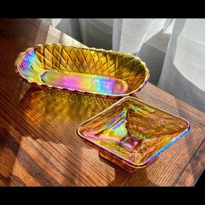 Carnival glass diamond shape& Basket Weave Dishes